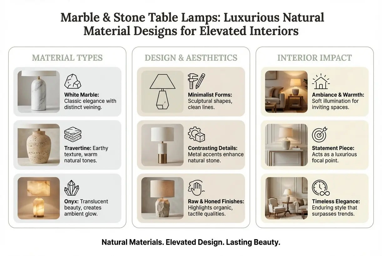 Tafellampen van marmer en natuursteen: luxe ontwerpen van natuurlijke materialen voor een verfijnd interieur - infographic