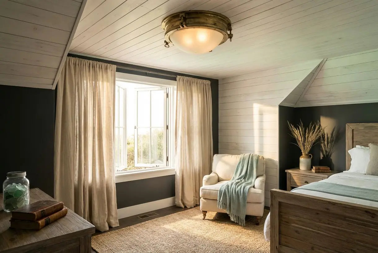 Interieur in strandstijl met nautische opbouw plafondlamp die witte shiplap kustslaapkamer verlicht