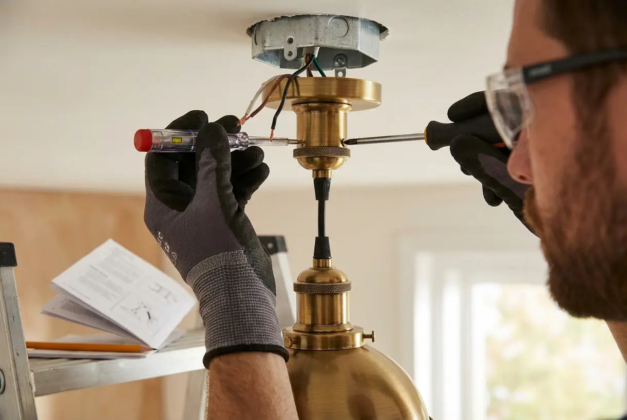 Handen die een hanglamp installeren met gereedschap en spanningstester