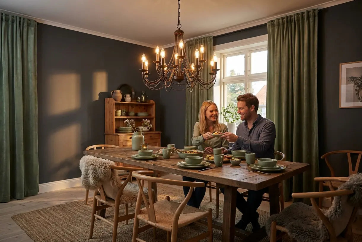 Oil rubbed bronze chandelier lighting traditional dining room with couple at dinner table