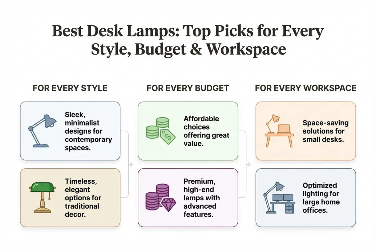 Beste Bureaulampen: Topkeuzes voor elke stijl, budget & werkplek - infographic