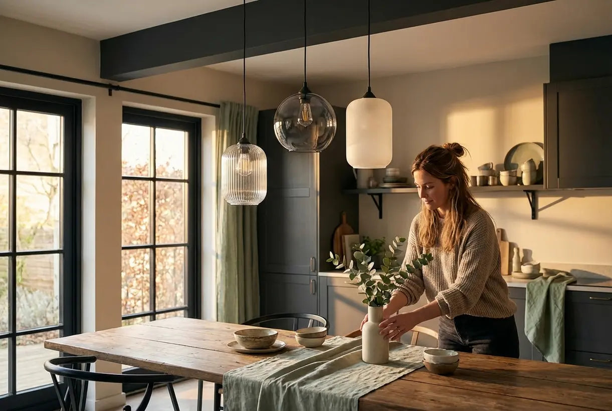Scandinavian dining room with mixed glass pendant lights above wooden table in hygge setting