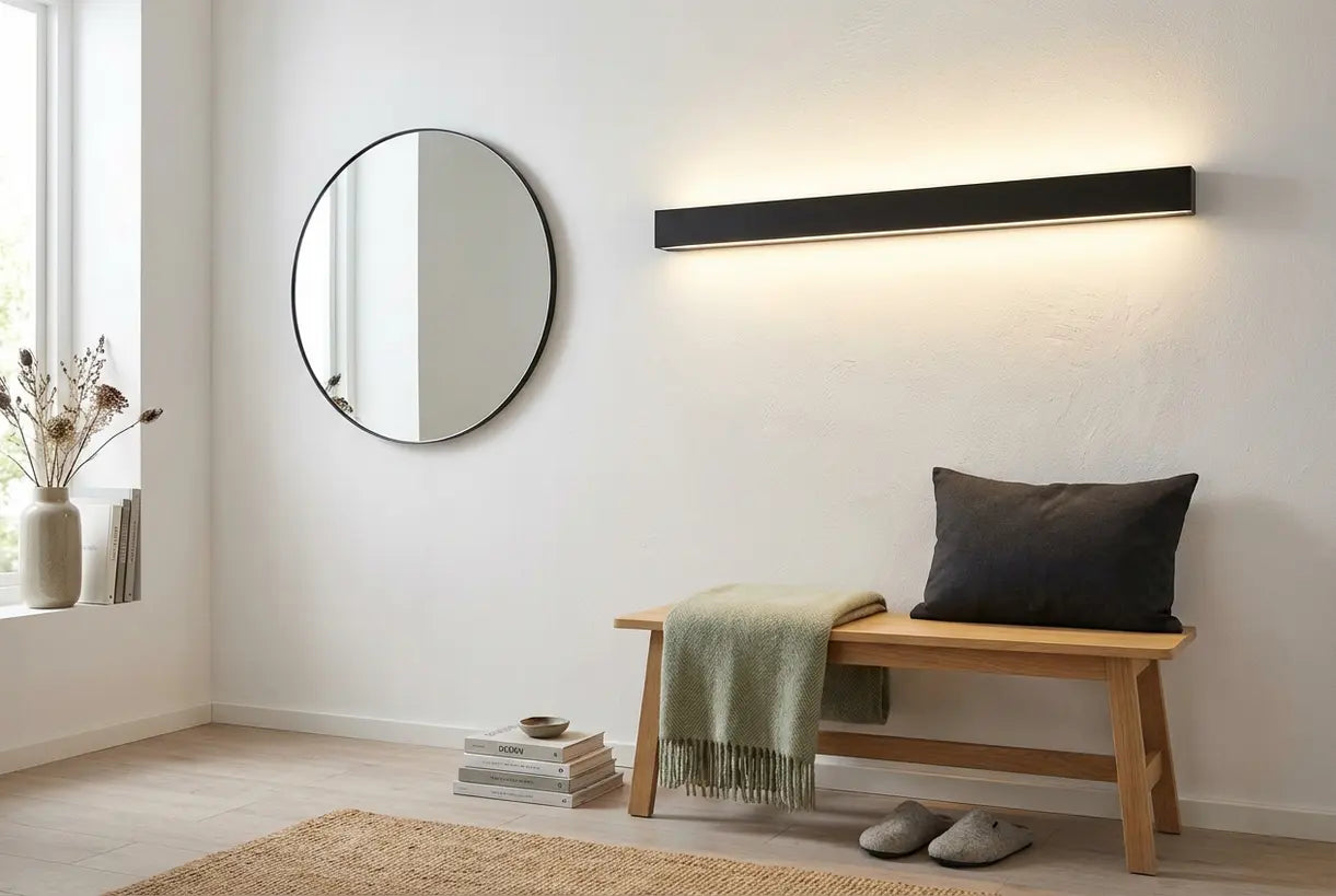 Scandinavische woonkamer met een wallwasher die de muur sfeervol verlicht