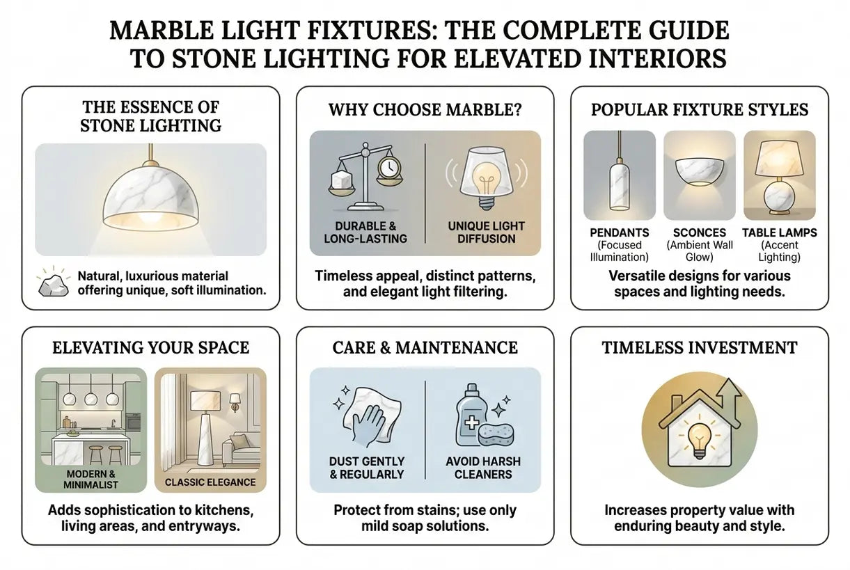 Marmeren verlichtingsarmaturen: De complete gids voor stenen verlichting voor een verfijnd interieur - infographic