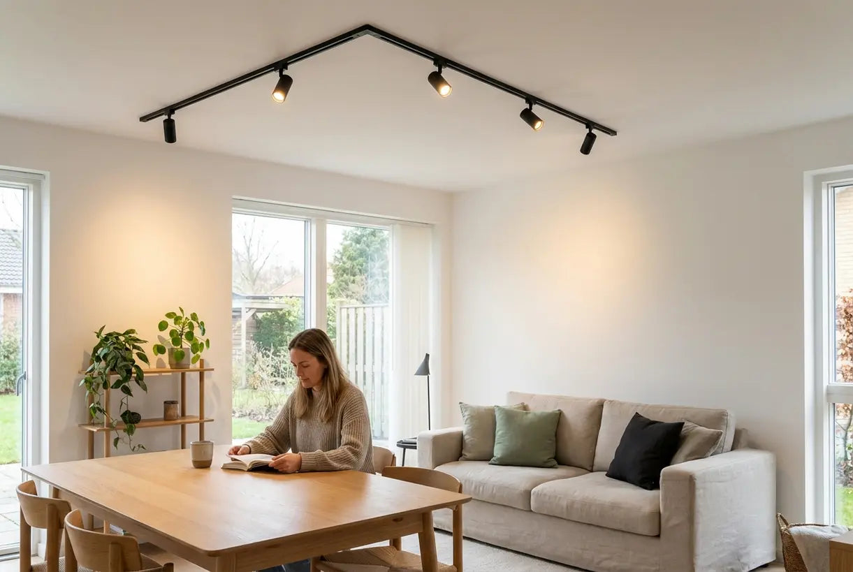 Moderne woonkamer met minimalistische railverlichting die warm sfeerlicht werpt over een Scandinavisch interieur