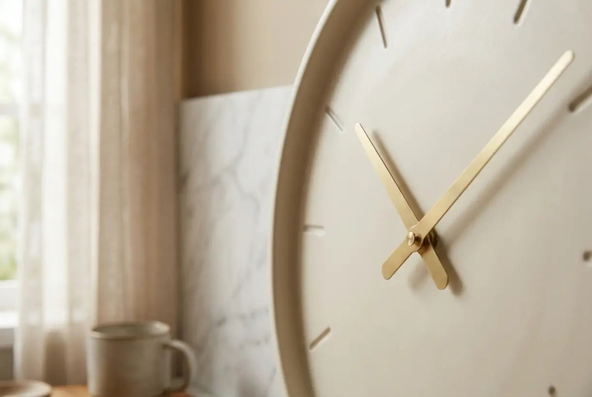 Contemporary kitchen wall clock detail showing minimalist dial and clean clock hands against marble background