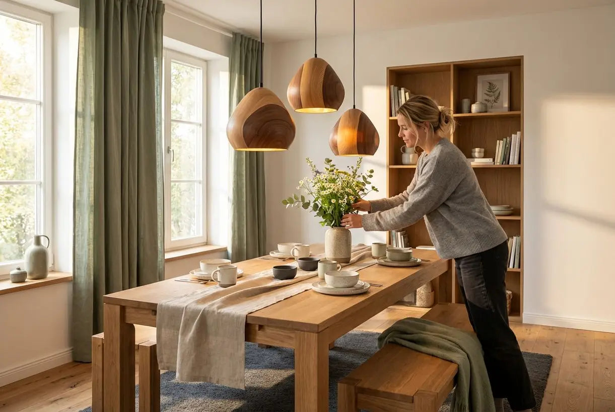 Scandinavische eetkamer met houten plafondlampcluster dat een warme natuurlijke sfeer creëert