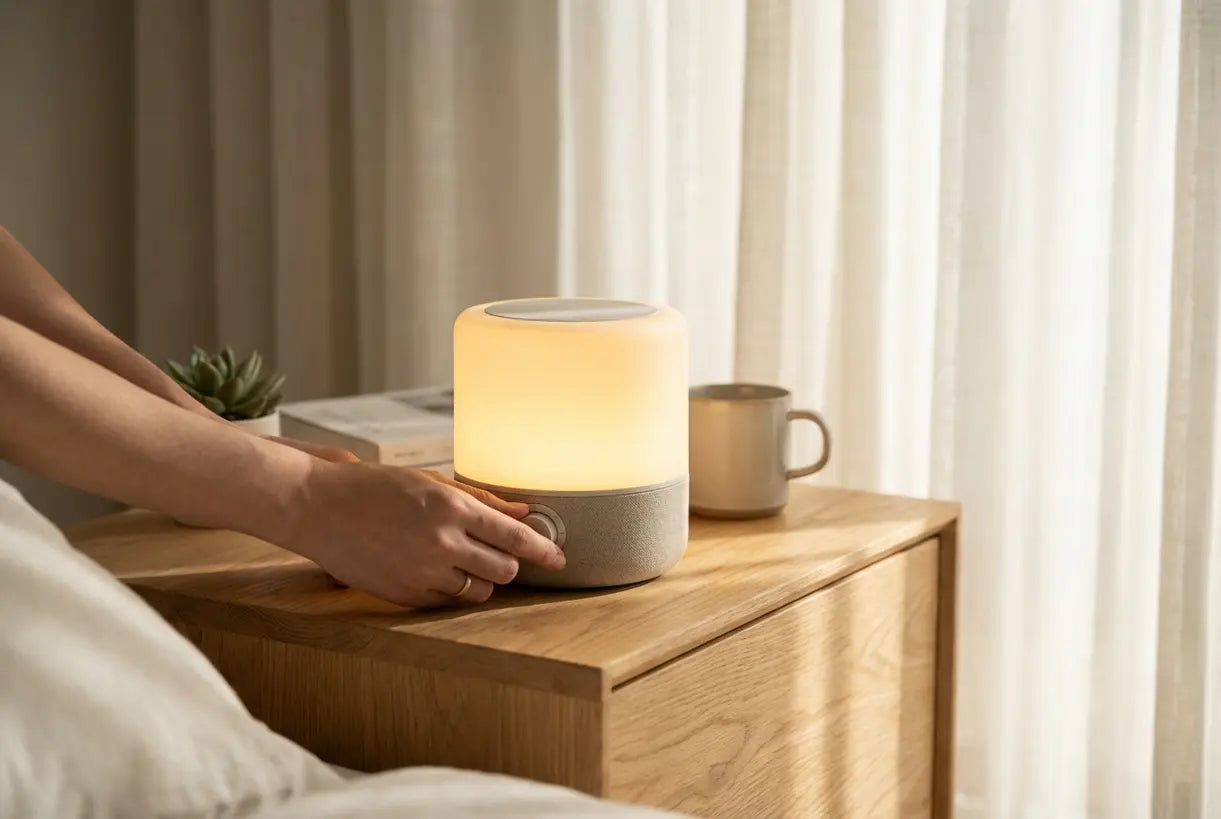 Handen die een kleine oplaadbare lamp aanpassen op een houten nachtkastje, warme gloed
