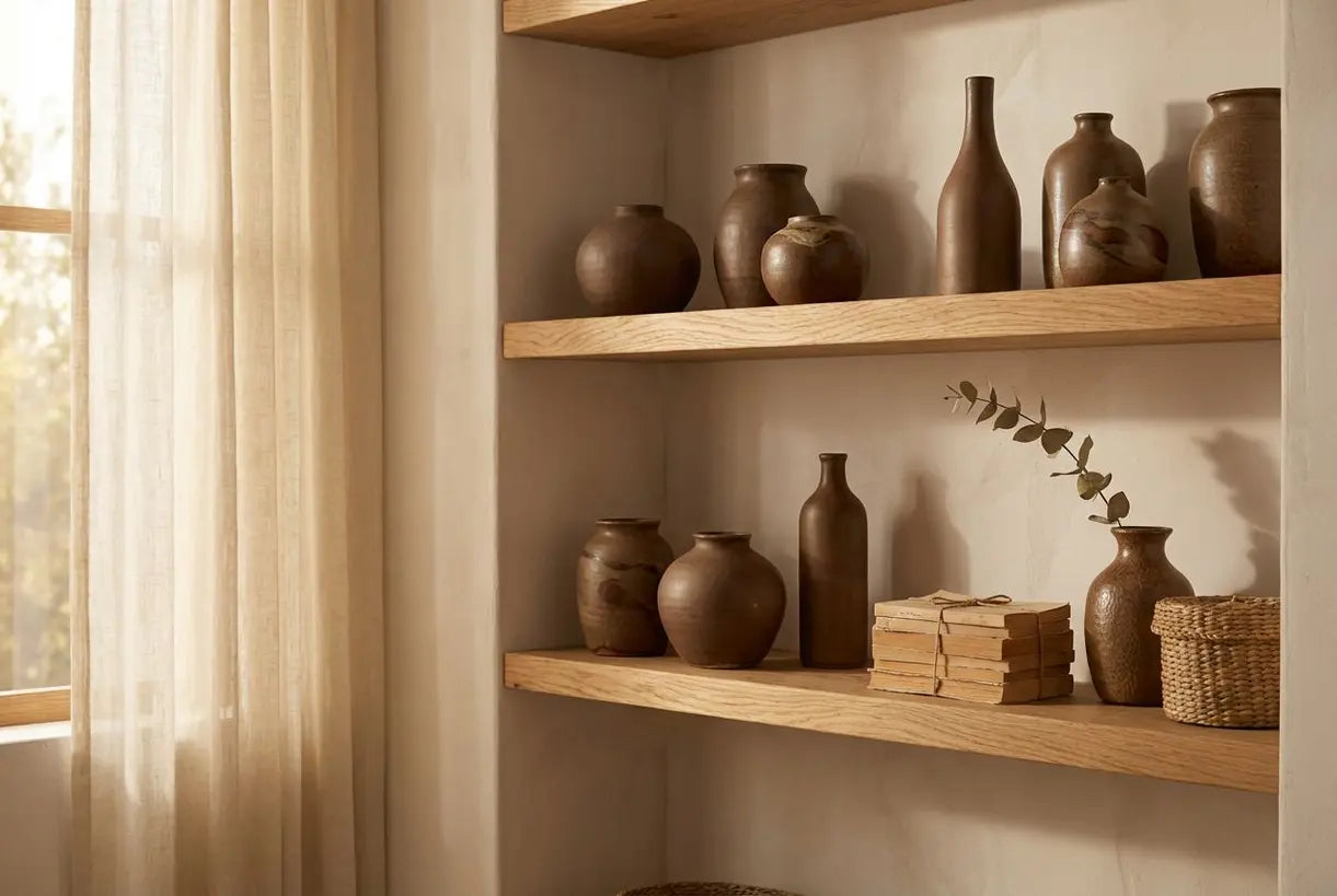 Scandinavian shelf styling with brown ceramic vases, earthy neutral home decor collection