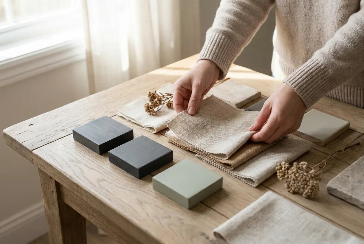 Woman arranging fabric swatches and material samples to discover interior design style