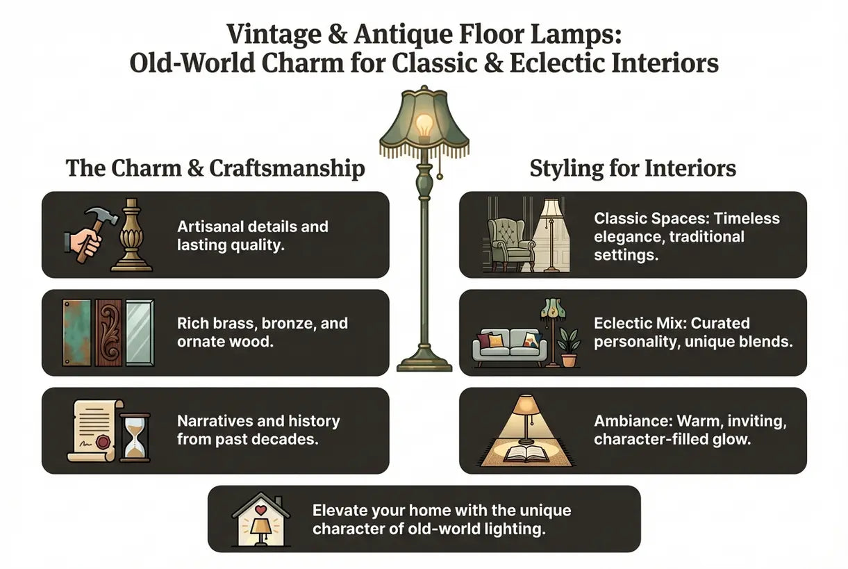 Vintage & Antieke Vloerlampen: Oude Wereld Charme voor Klassieke & Eclectische Interieurs - infographic