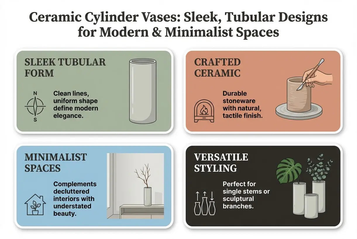 Zylindrische Keramikvasen: schlanke, röhrenförmige Designs für moderne und minimalistische Räume - Infografik