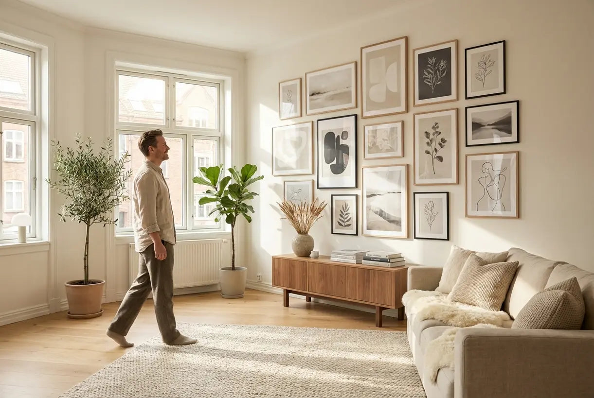 Lichte Scandinavische woonkamer met een zorgvuldig samengestelde fotowand en natuurlijk licht