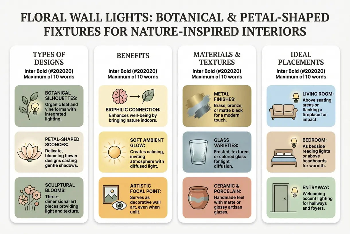 Bloemen wandlampen: Botanische en bloemblad-vormige armaturen voor natuur-geïnspireerde interieurs - infographic