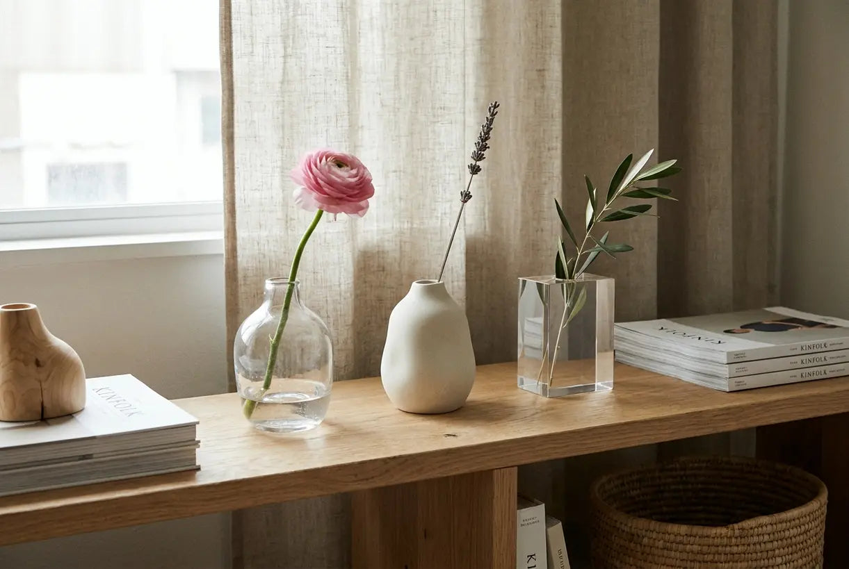 Scandinavian shelf with three bud vases single flower minimalist decor