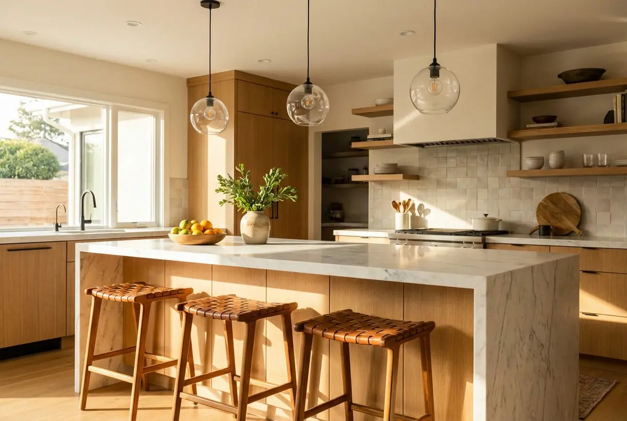 Three clear glass globe pendant lights over a kitchen island