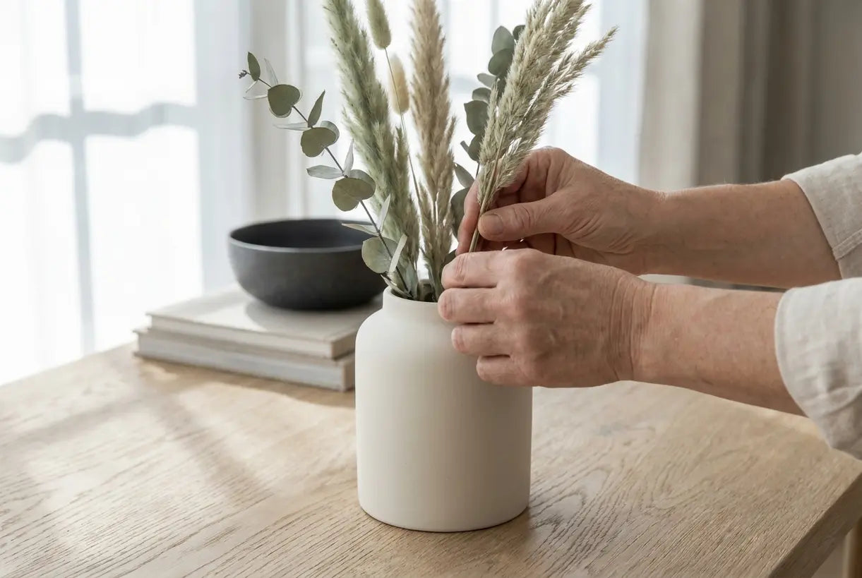 Hands arranging minimalist vase for interior design styling with natural lighting