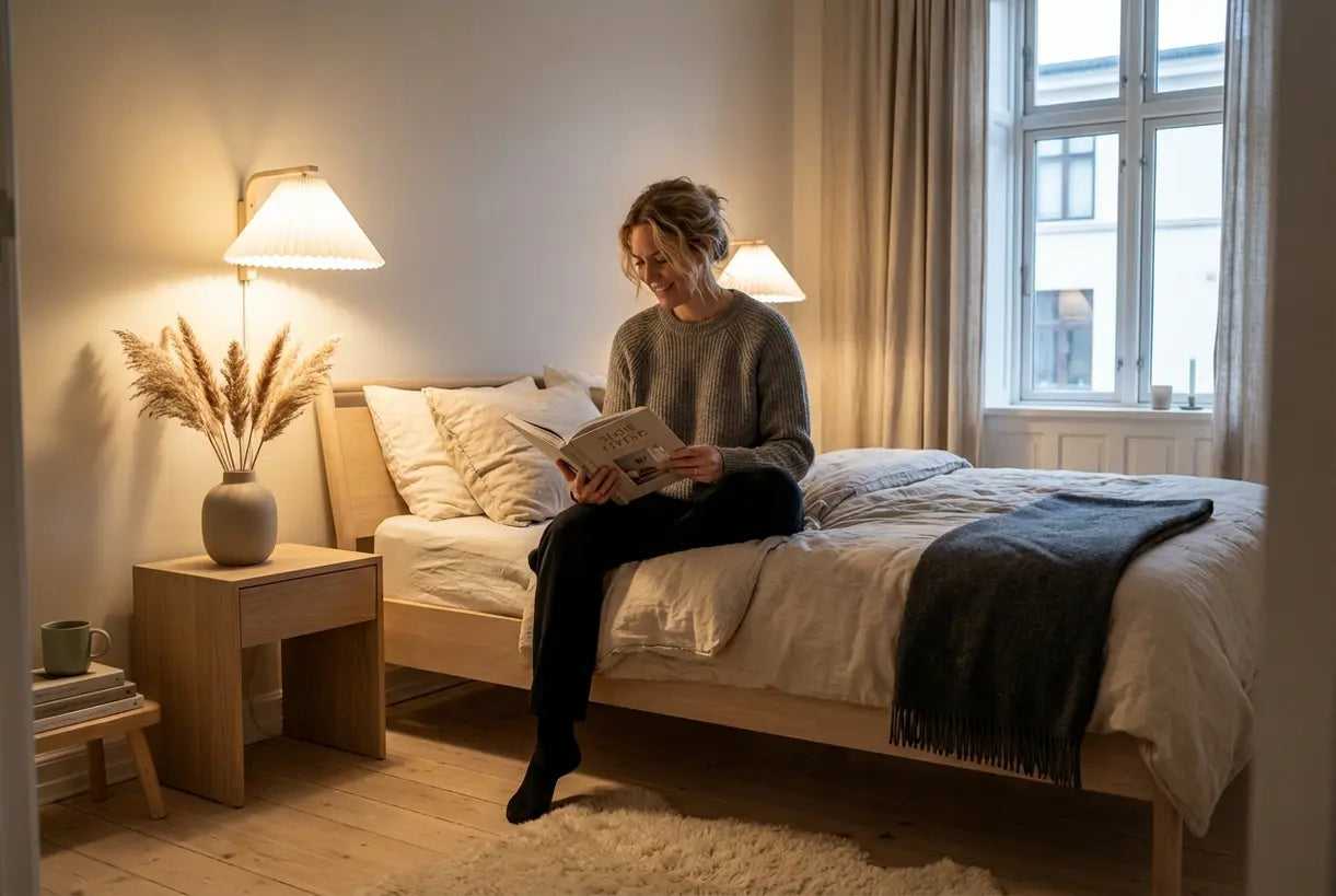 Vrouw leest in Scandinavische slaapkamer met witte stoffen wandlamp die warme sfeerverlichting creëert