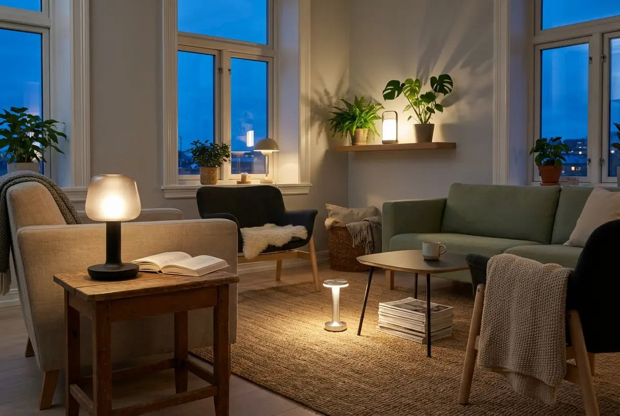 Scandinavische woonkamer met meerdere snoerloze oplaadbare lampen die sfeervolle hygge-verlichting creëren