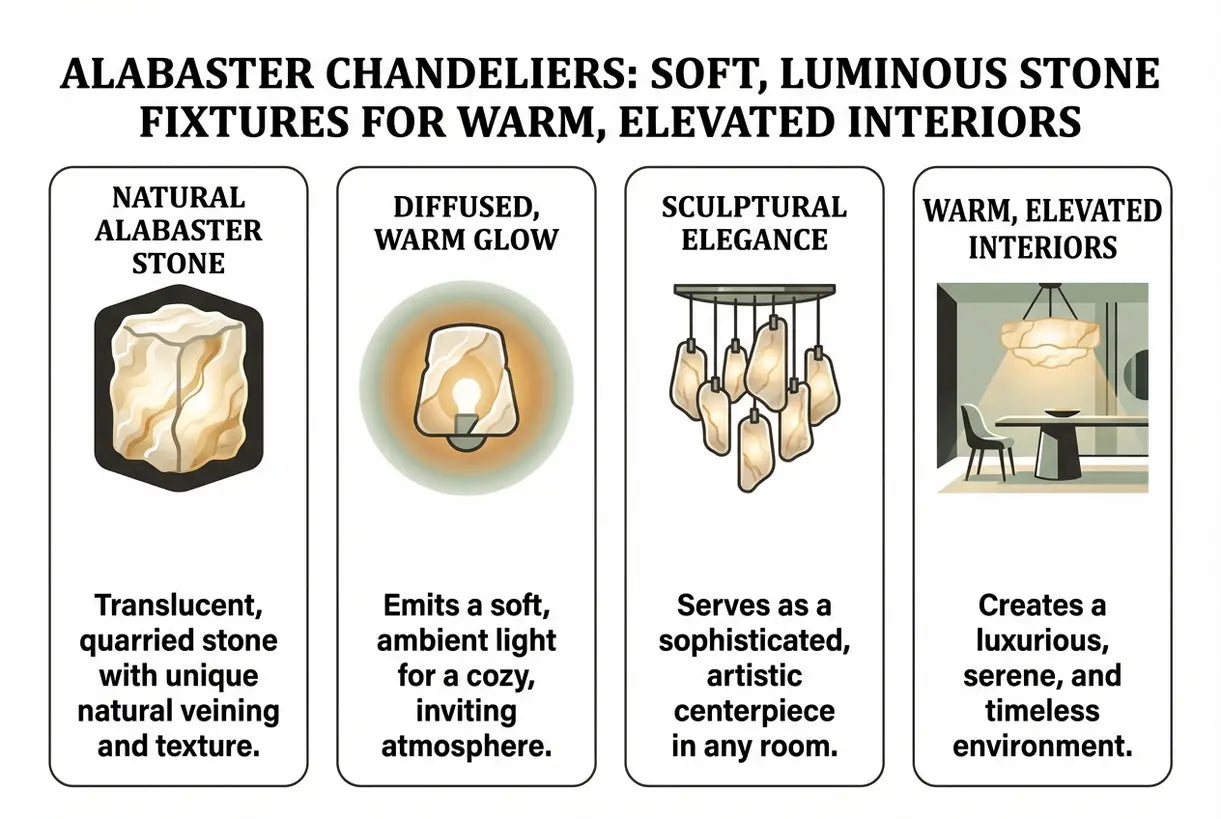 Albasten kroonluchters: zachte, lichtgevende natuursteen voor een warm en verfijnd interieur - infographic