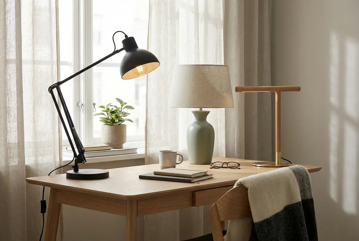Scandinavisch thuiskantoor met elegante bureaulampen op een minimalistische werkplek