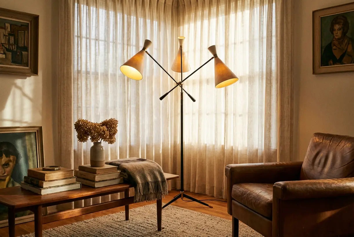 Mid-century vintage vloerlamp in een zorgvuldig samengestelde eclectische woonkamer setting