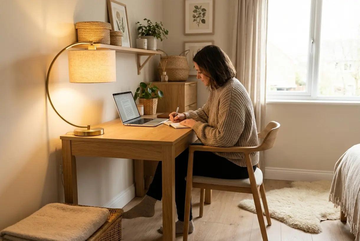 Scandinavisch thuiskantoor met oogverzorgende bureaulamp die warme sfeerverlichting biedt
