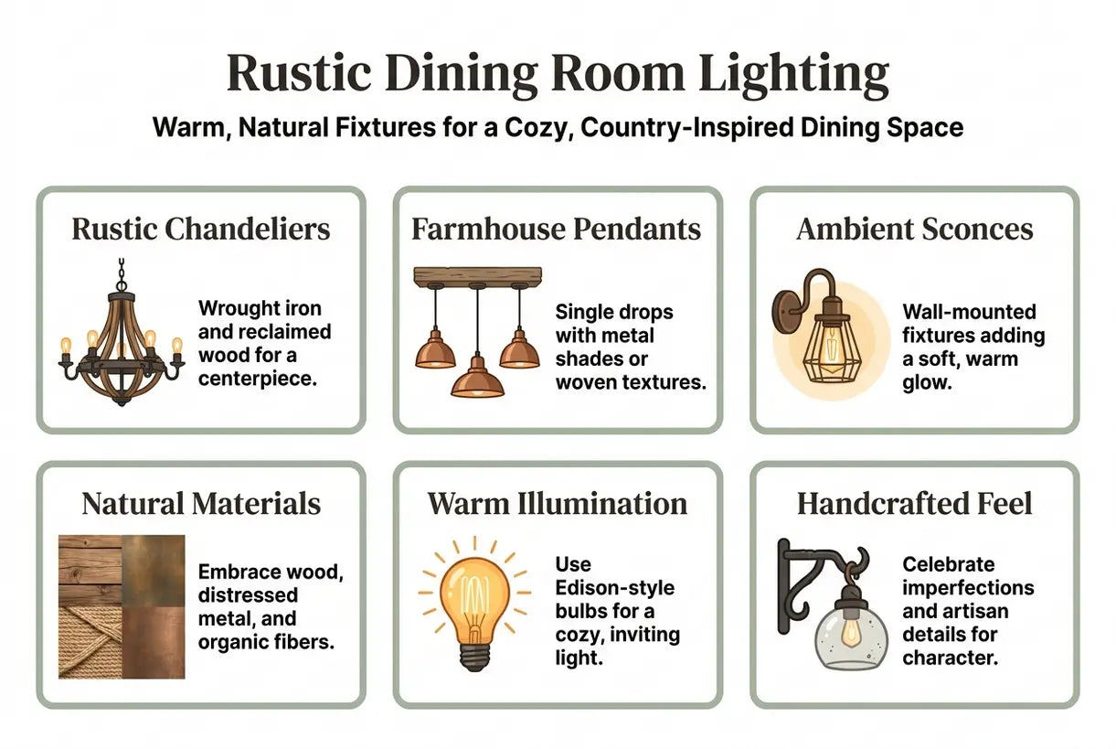 Rustic Dining Room Lighting: Warm, Natural Fixtures for a Cozy, Country-Inspired Dining Space - infographic