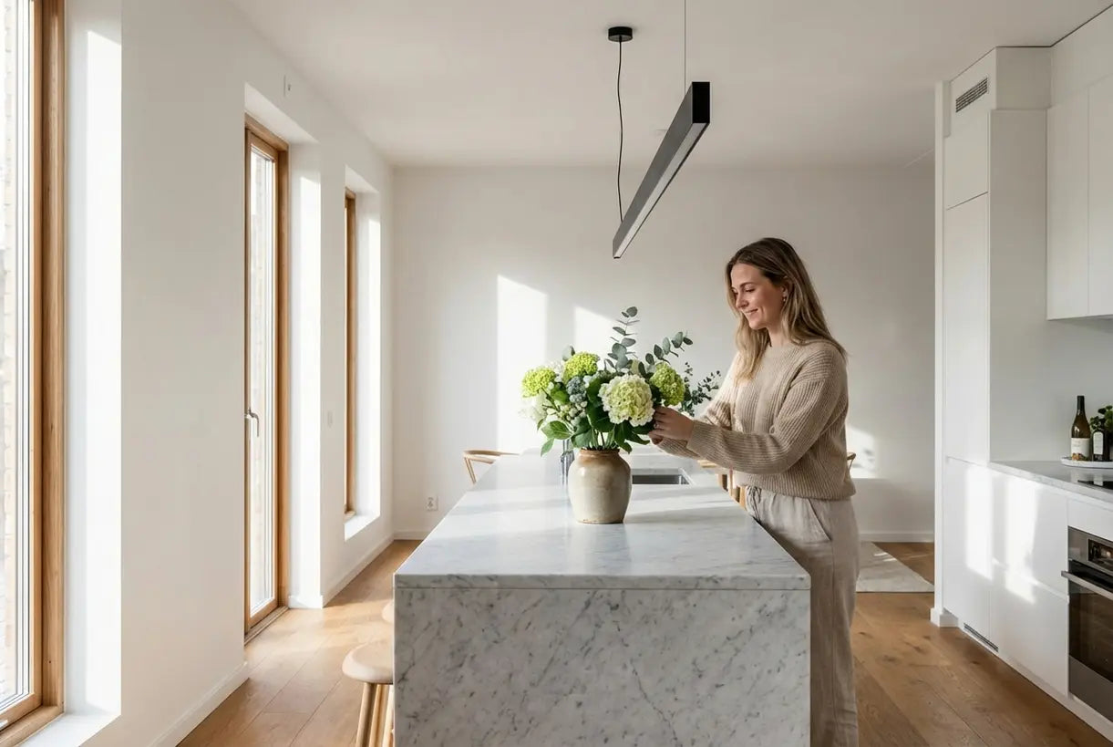 Moderne Scandinavische keuken met lineaire hanglamp boven marmeren kookeiland