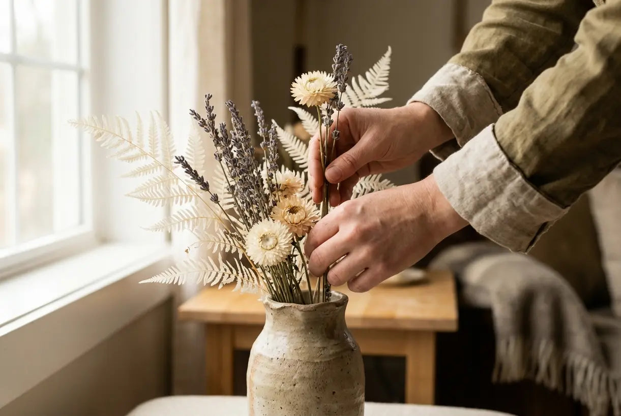 Hands arranging dried wildflowers in rustic ceramic vase with soft natural light