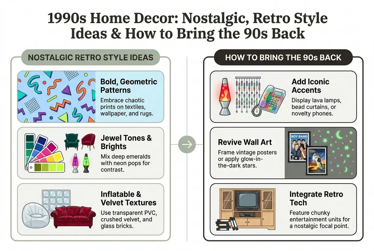 1990s Home Decor: Nostalgic, Retro Style Ideas & How to Bring the 90s Back - infographic