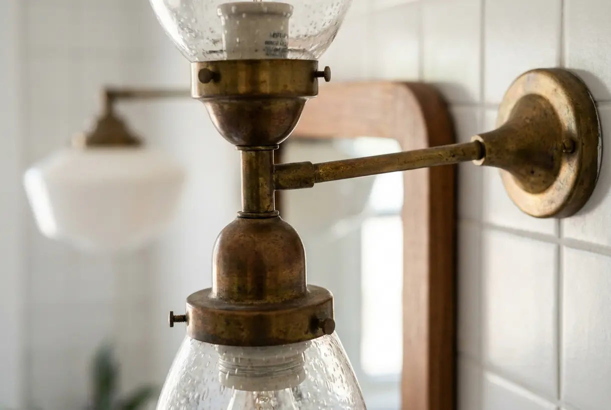 Close-up of vintage brass and seeded glass mid-century modern bathroom vanity light fixture