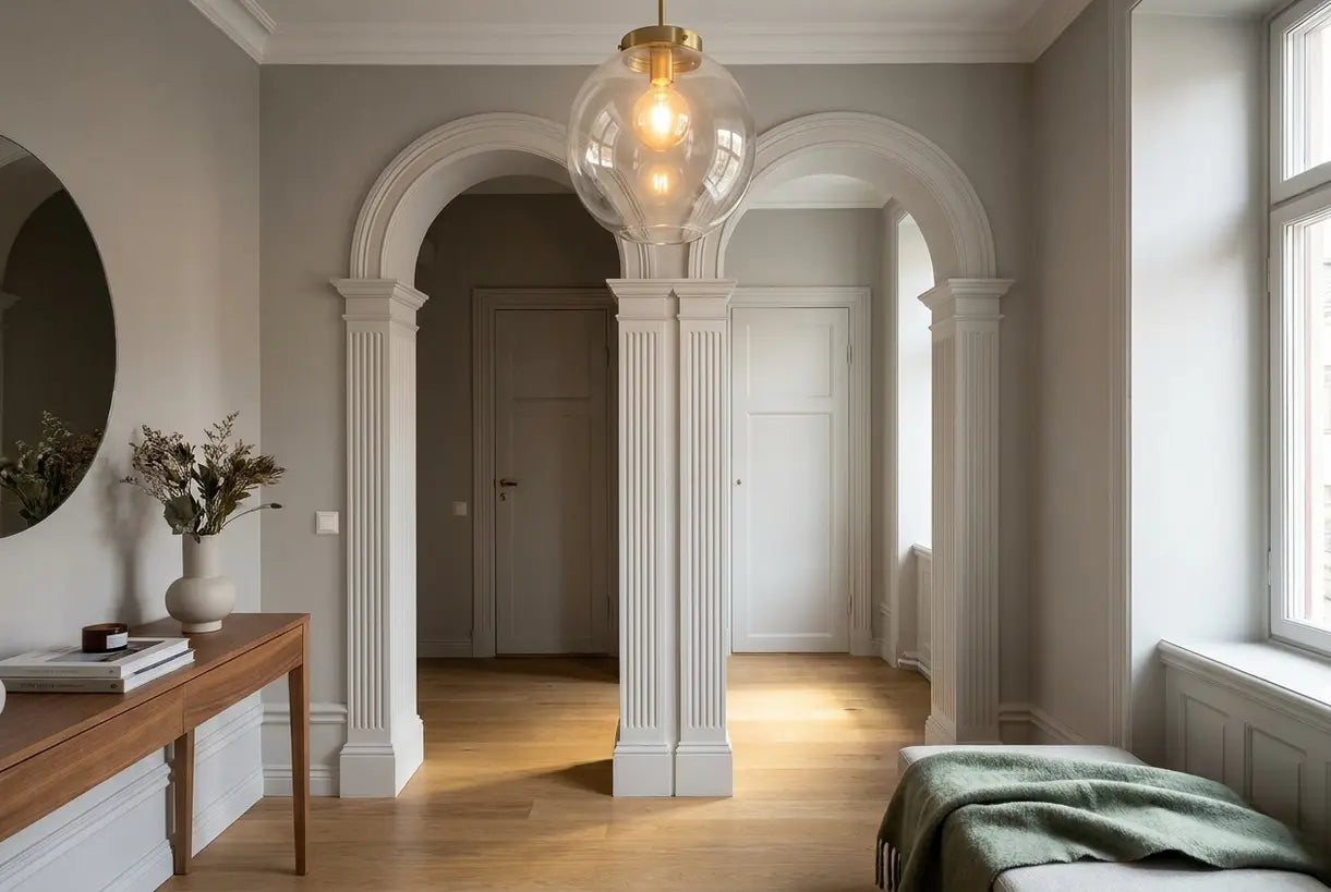 Scandinavian hallway with arched doorways and modern pendant lighting highlighting architectural features