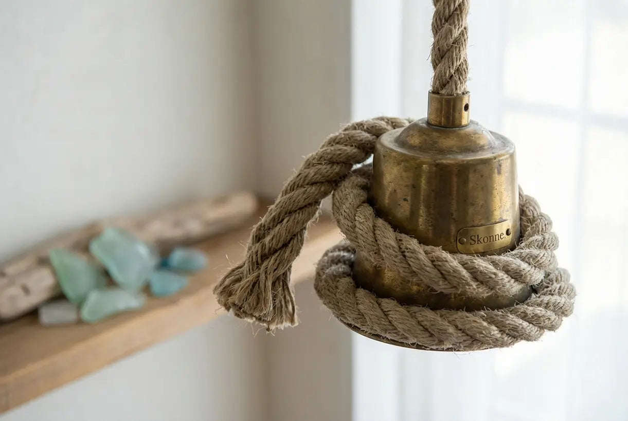 Close-up van nautische hanglamp met messing details en touwtexturen voor kustwoningdecoratie