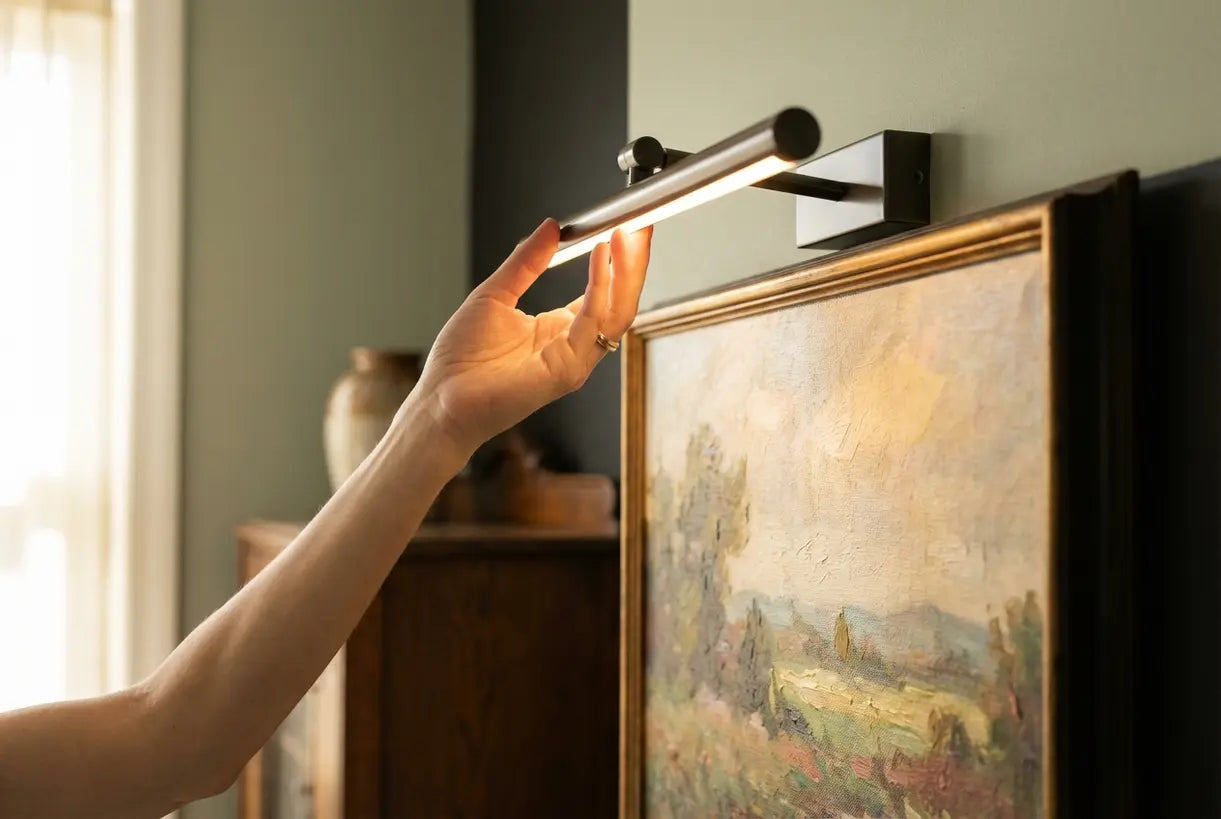 Close-up van handen die een moderne schilderijlamp boven een ingelijst kunstwerk bijstellen, met warm ledlicht