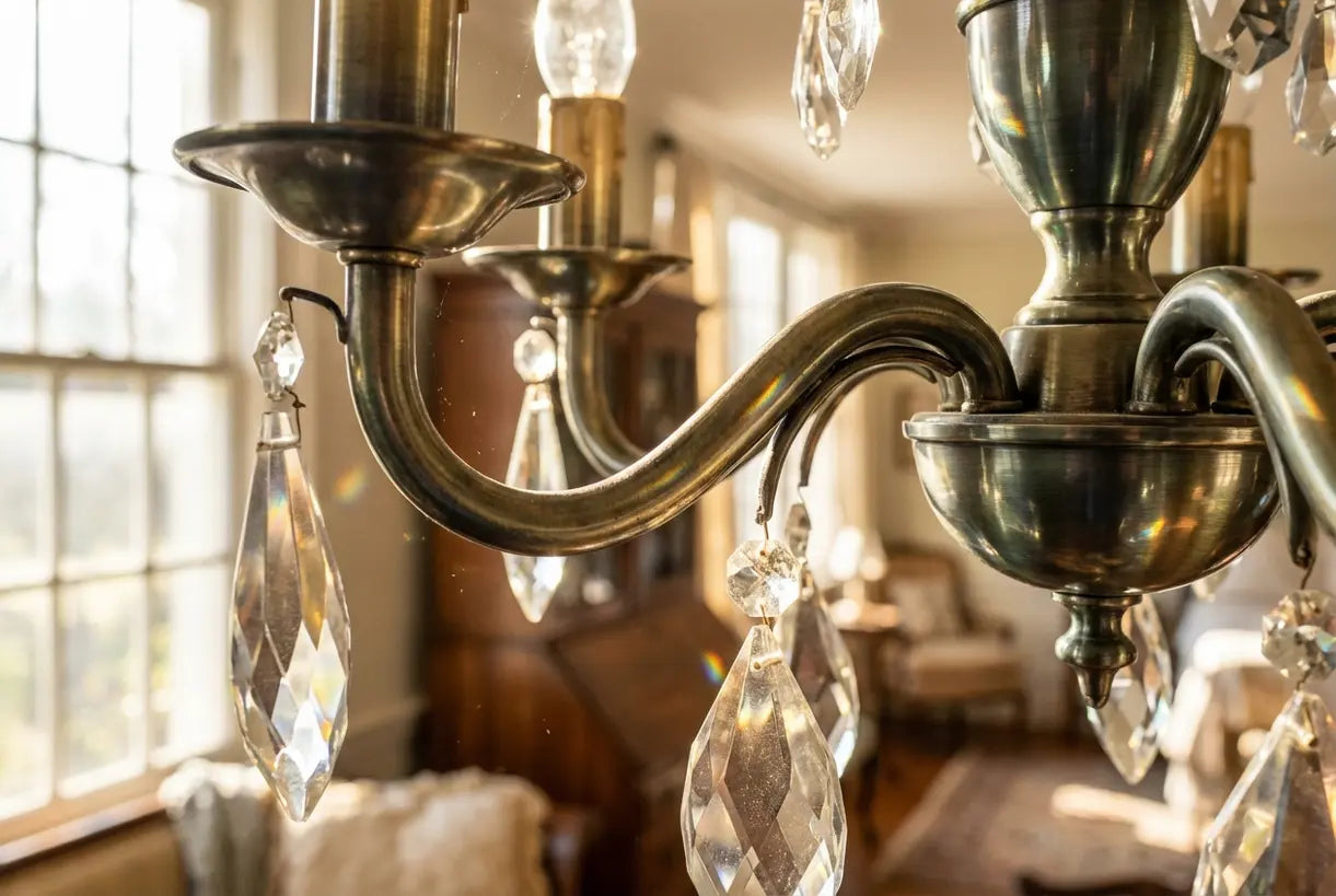 Close-up of gold chandelier hardware and crystal elements with warm light refraction