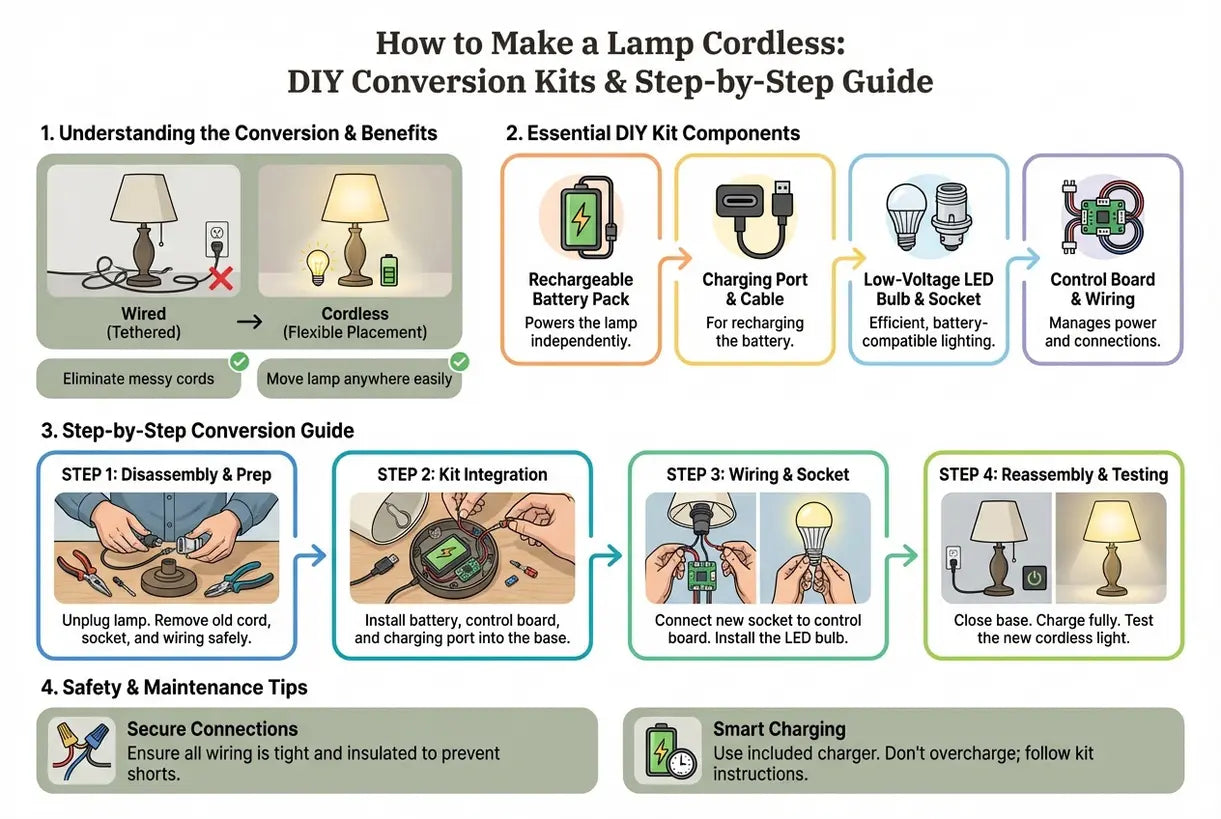 Hoe maak je een lamp snoerloos: DIY ombouwsets & stapsgewijze handleiding - infographic