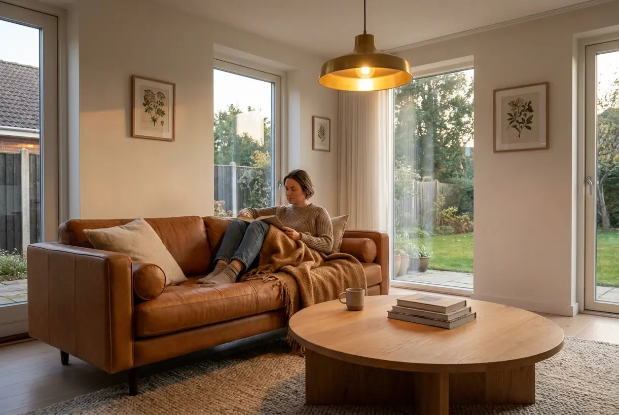 Cozy Scandinavian living room with warm color palette and cognac leather sofa in golden light