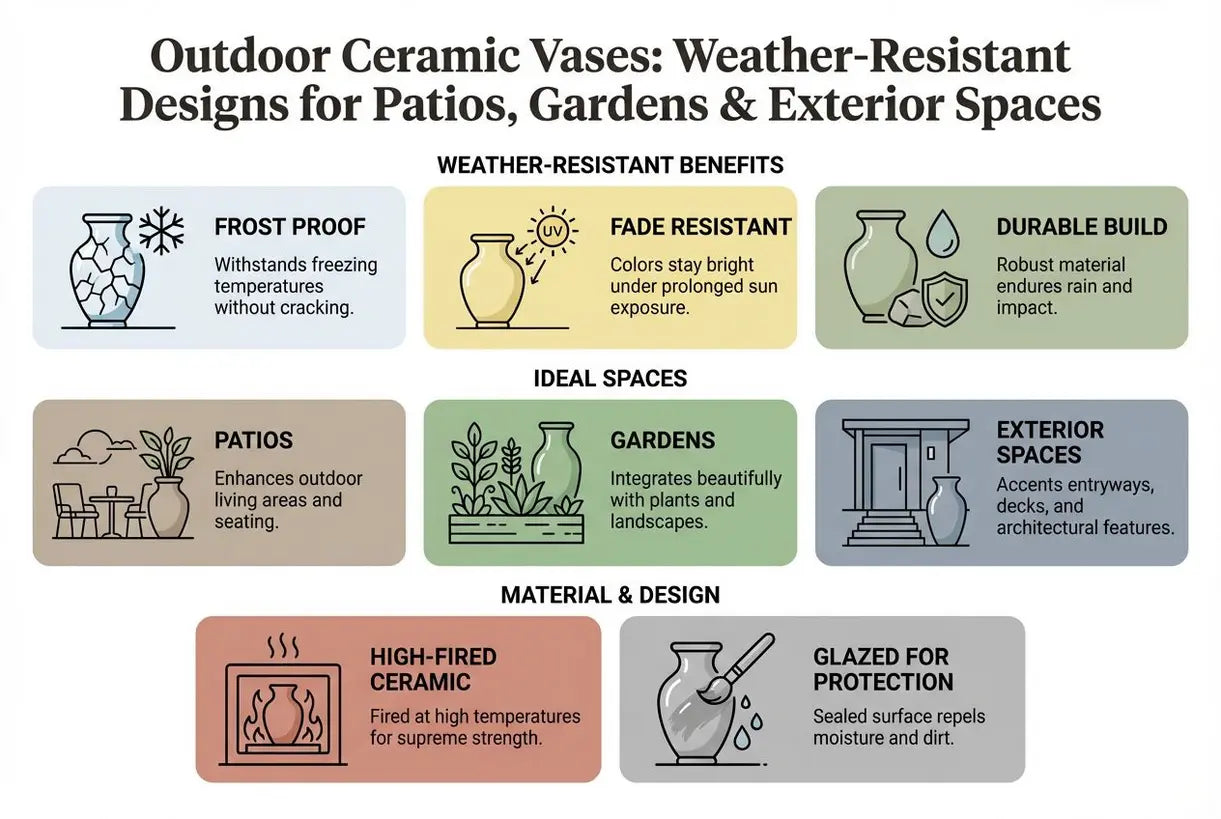 Outdoor Ceramic Vases: Weather-Resistant Designs for Patios, Gardens & Exterior Spaces - infographic