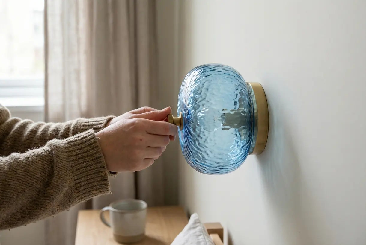 Blauw glazen wandlamp wordt door handen aangepast in zacht natuurlijk licht