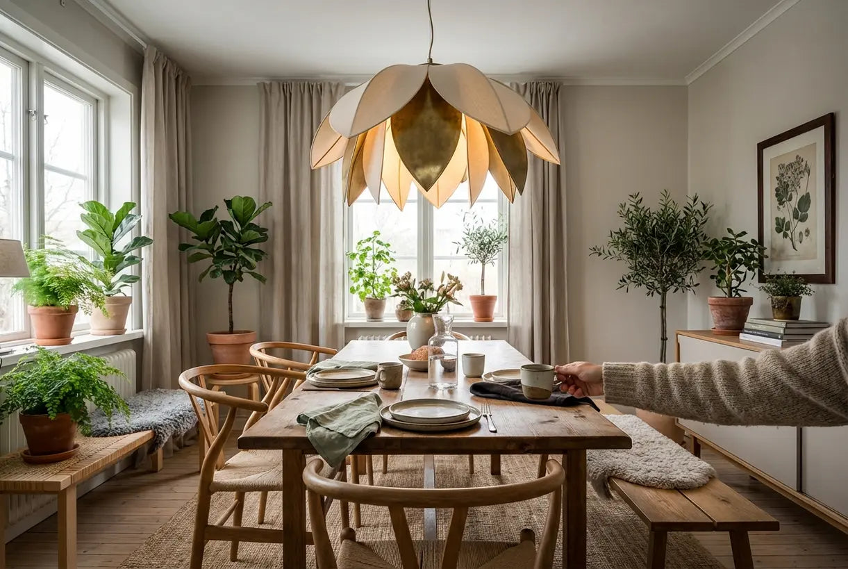 Scandinavische eetkamer met bloem hanglamp boven een natuurhouten tafel en botanische decoratie