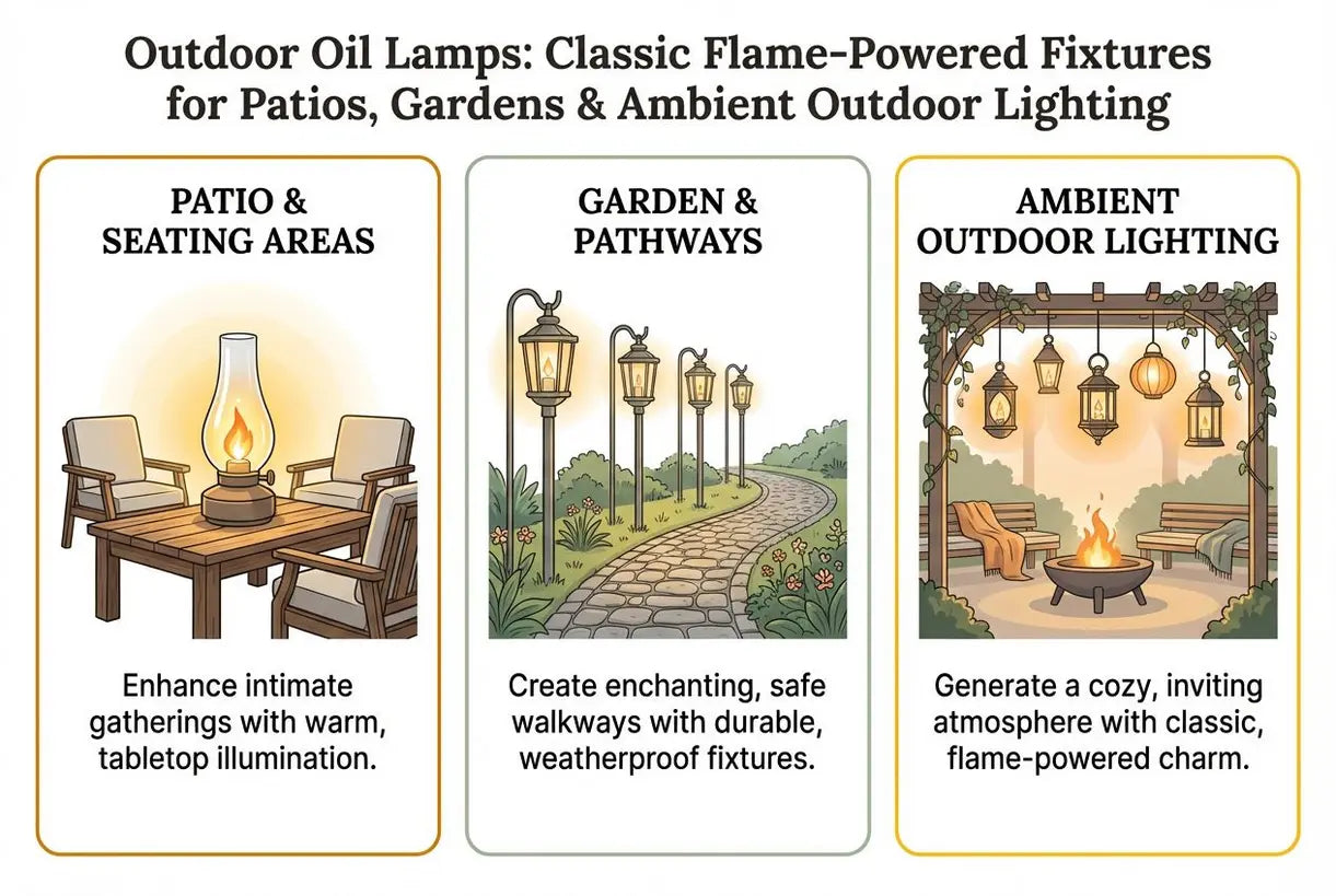 Buitenolielampen: Klassieke vlamgedreven armaturen voor patio's, tuinen en sfeervolle buitenverlichting - infographic