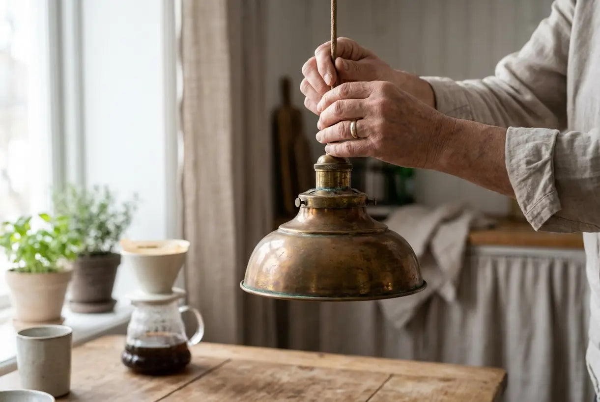 Handen die vintage messing hanglamp aanpassen voor een karaktervolle keuken