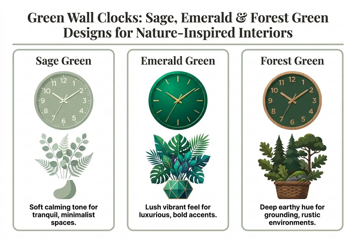 Grüne Wanduhren: Salbei-, Smaragd- & Waldgrün-Designs für naturinspirierte Interieurs - Infografik