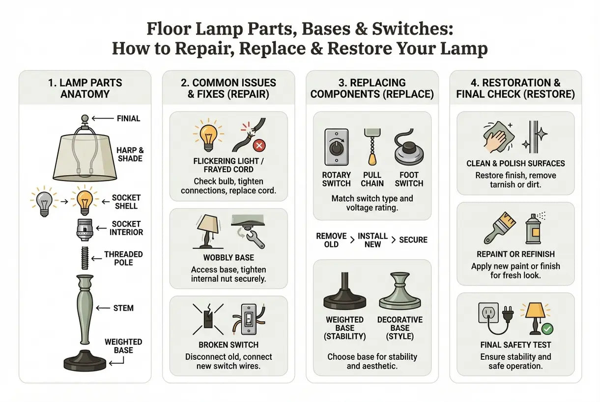 Vloerlamp Onderdelen, Voeten & Schakelaars: Hoe repareer, vervang & herstel je je lamp - infographic