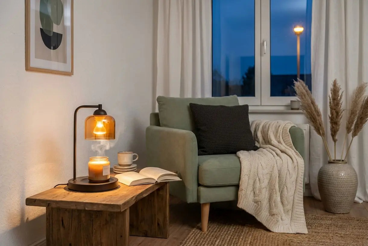 Knusse Scandinavische woonkamer met een kaarsenwarmerlamp met timerfunctie