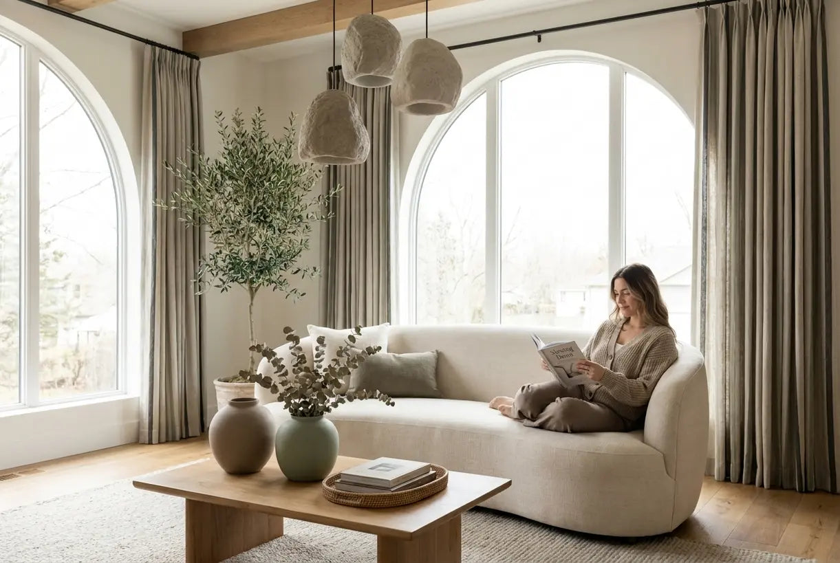Modern organic living room with natural stone lighting, curved forms, and biophilic elements