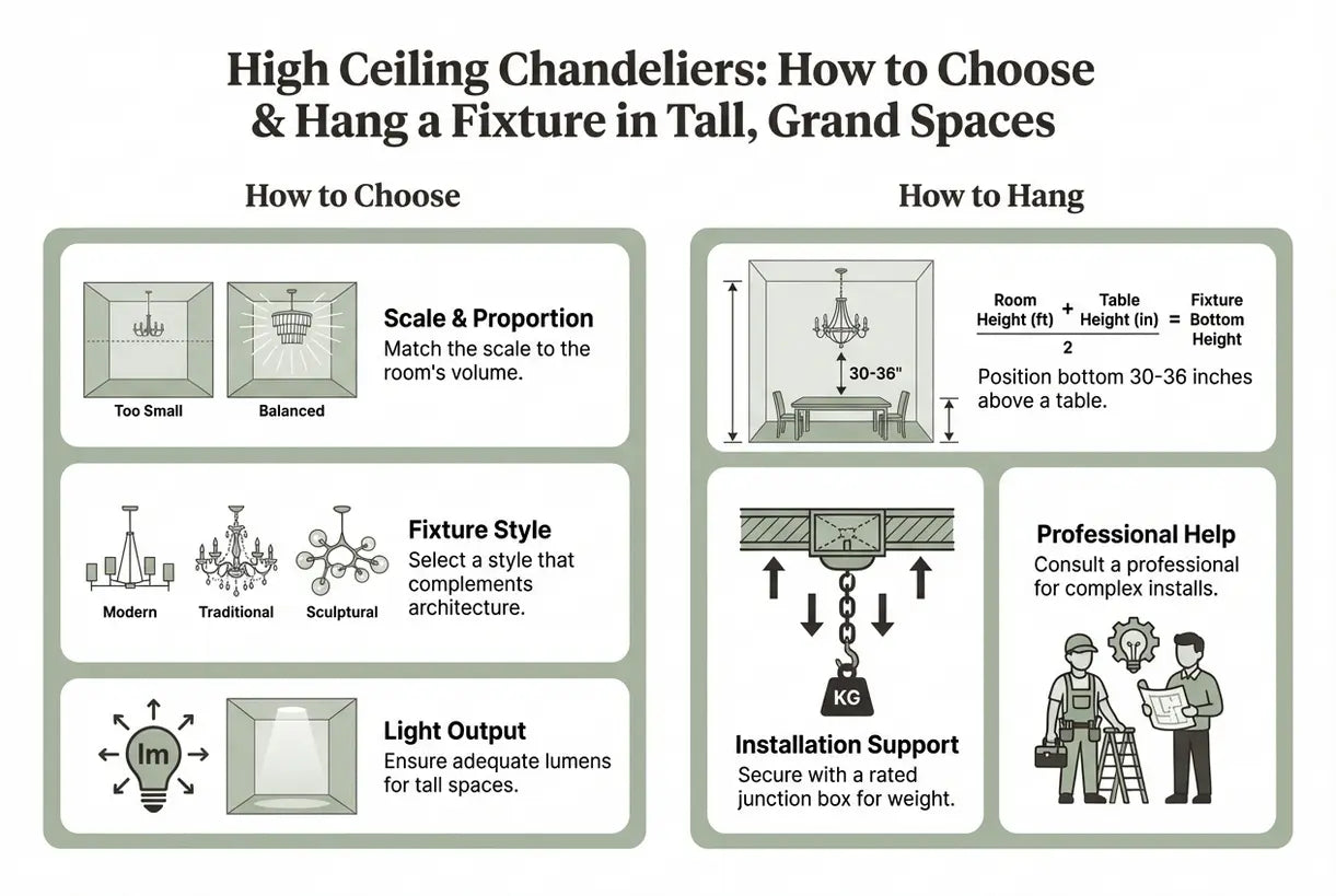 Kroonluchters voor hoge plafonds: zo kies en hang je een lamp in hoge, grote ruimtes - infographic
