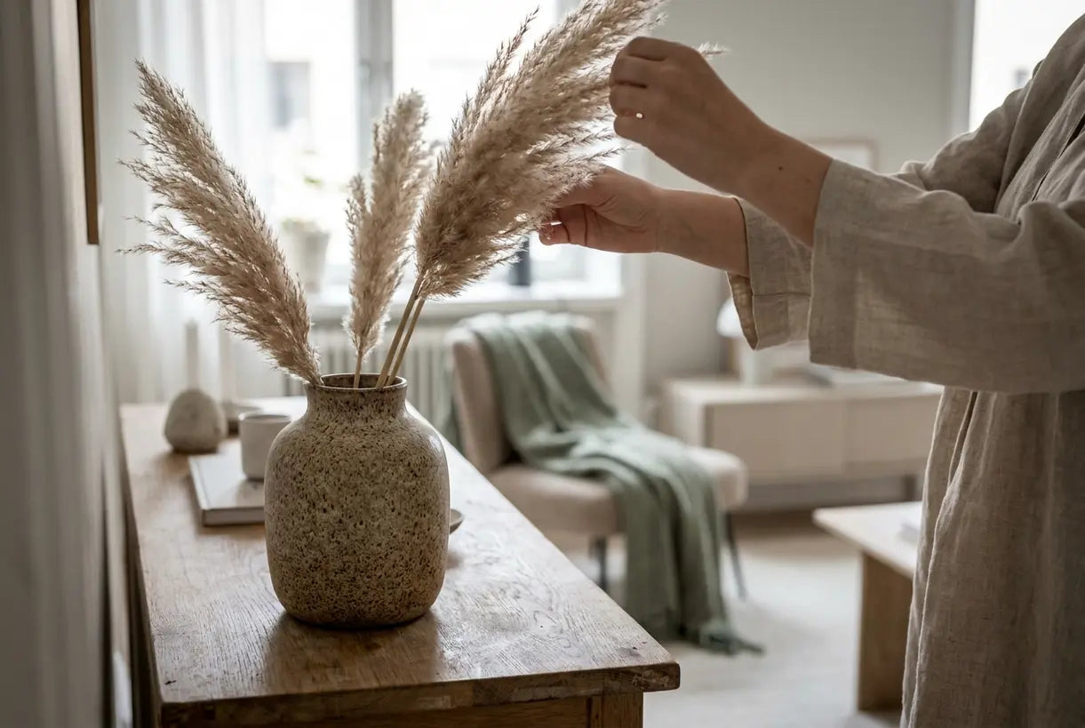 Hands arranging dried pampas grass in ceramic vase for seasonal home decor refresh