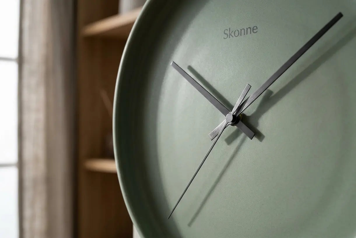 Close-up van stille wandklokwijzers met vloeiende veegbeweging, minimalistisch Scandinavisch design